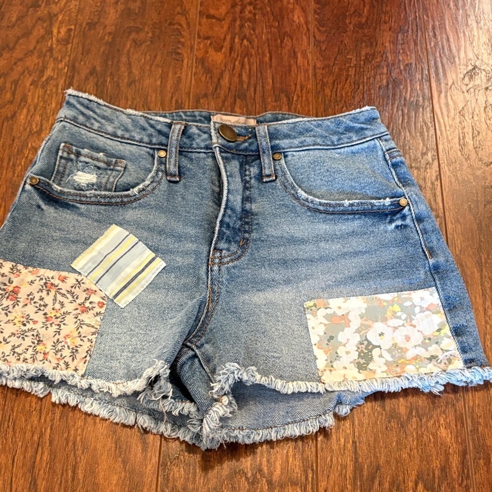 Wonderly Blue Denim Jean Shorts with Floral Patchwork